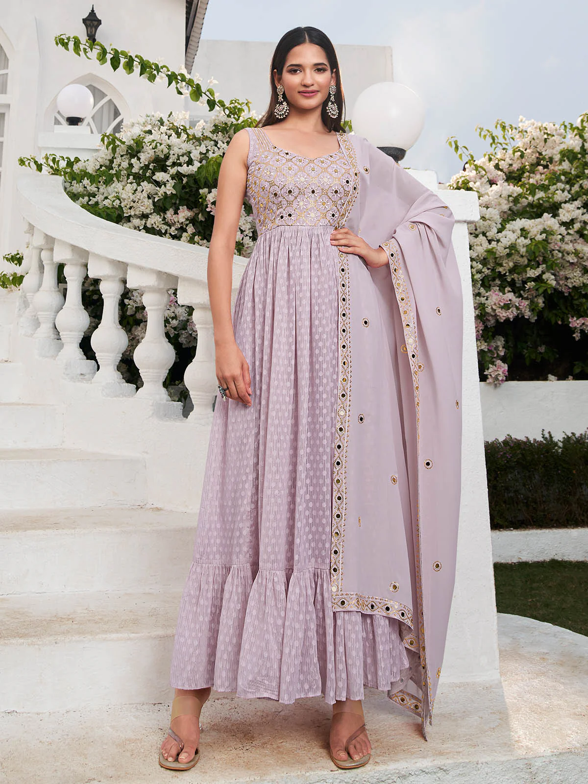 Odette Women Lavender Georgette Embroidered Stitched  Salwar Suit - Image 2