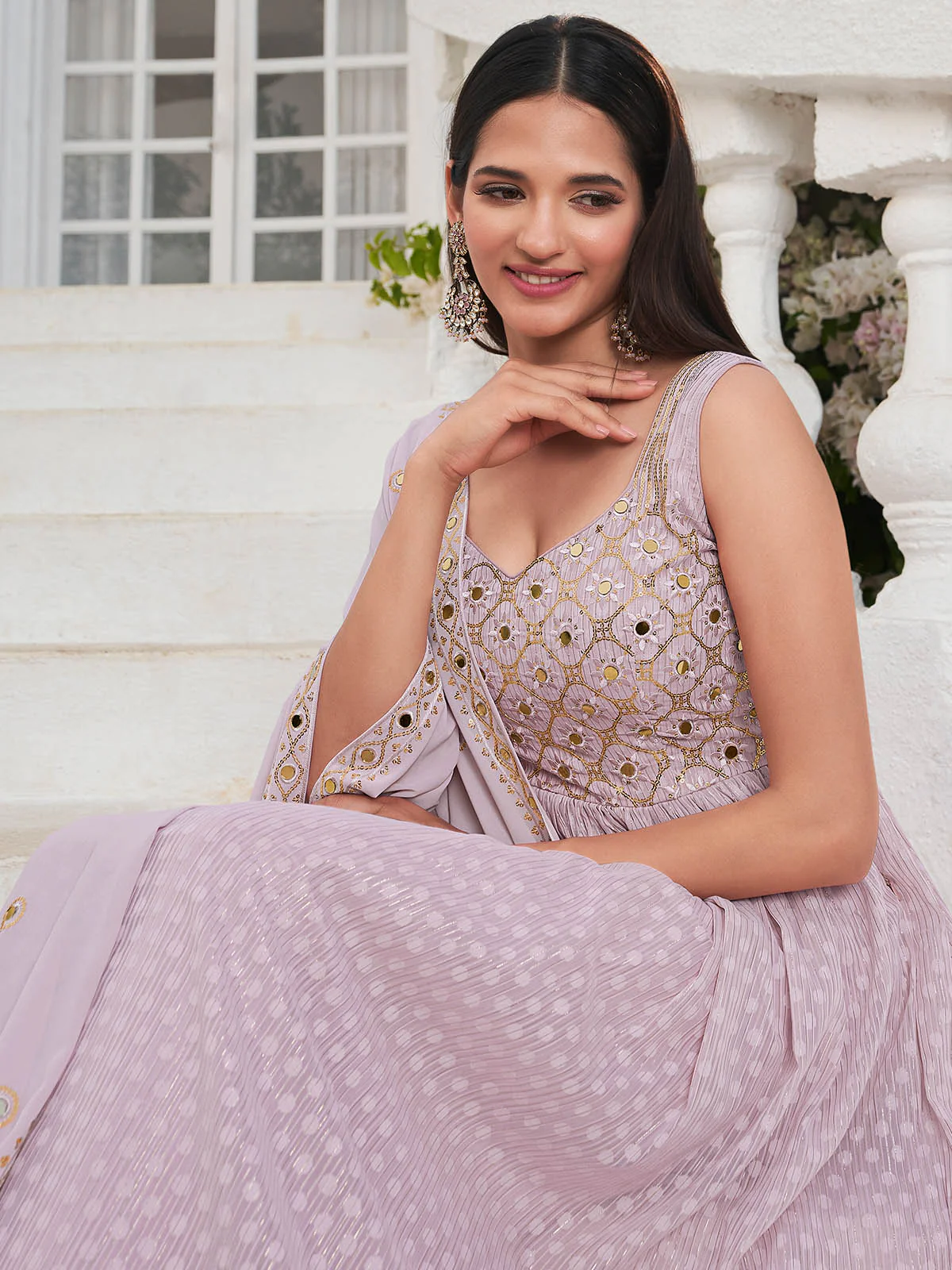 Odette Women Lavender Georgette Embroidered Stitched  Salwar Suit - Image 3