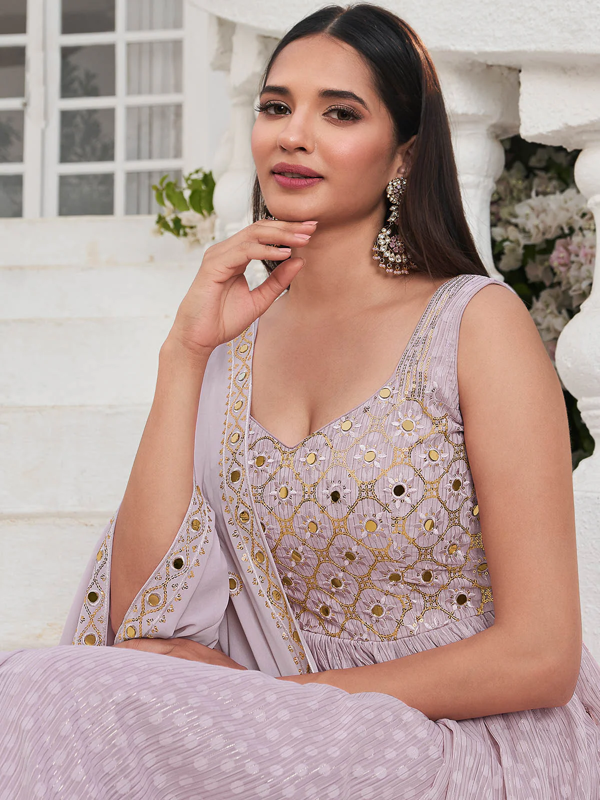 Odette Women Lavender Georgette Embroidered Stitched  Salwar Suit - Image 4