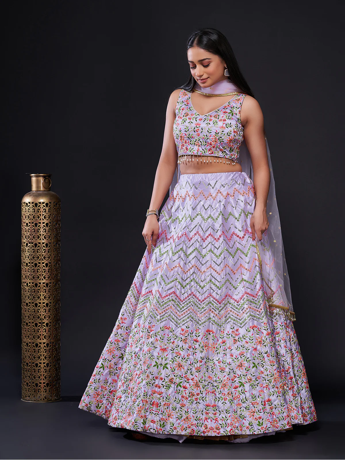 Odette Women Lavender Silk Blend Semi Stitched Lehenga Set - Image 3