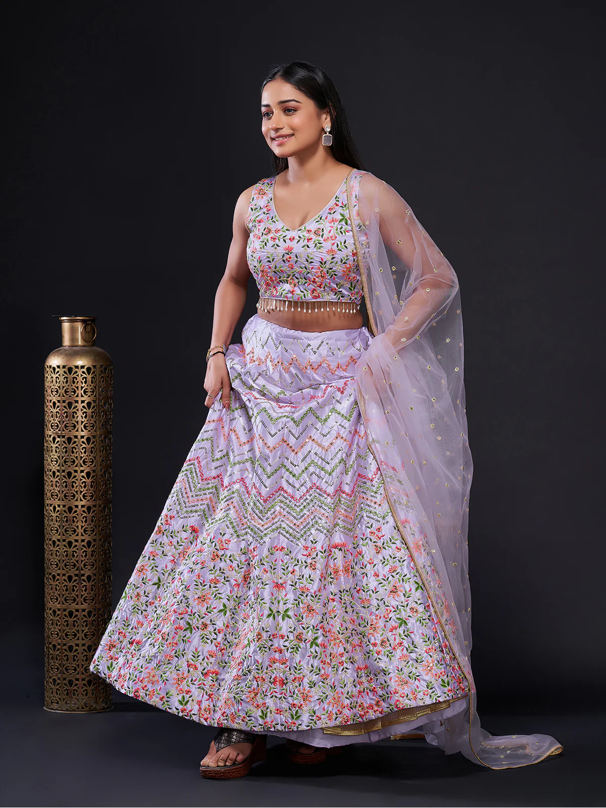 Odette Women Lavender Silk Blend Semi Stitched Lehenga Set - Image 4
