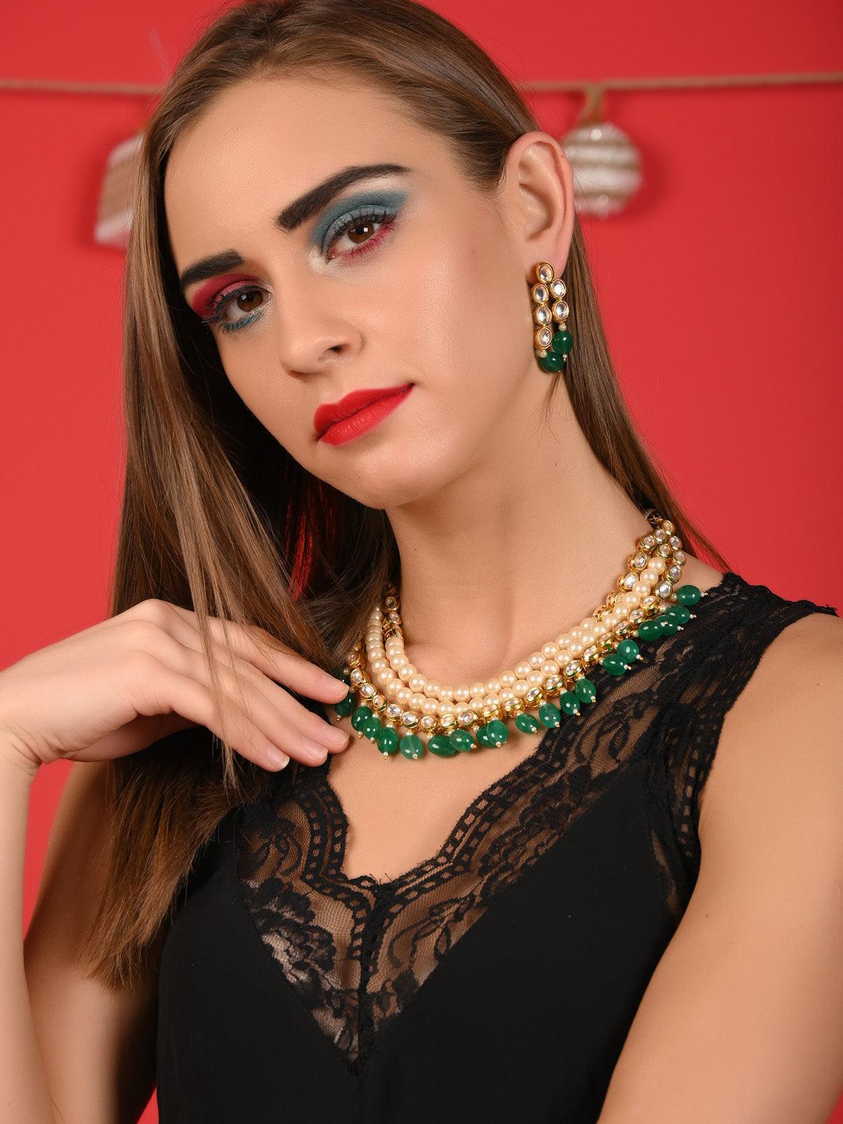 Odette Women Layered Blissful Green Kundan-Pearl-Mani Necklace Set - Image 2