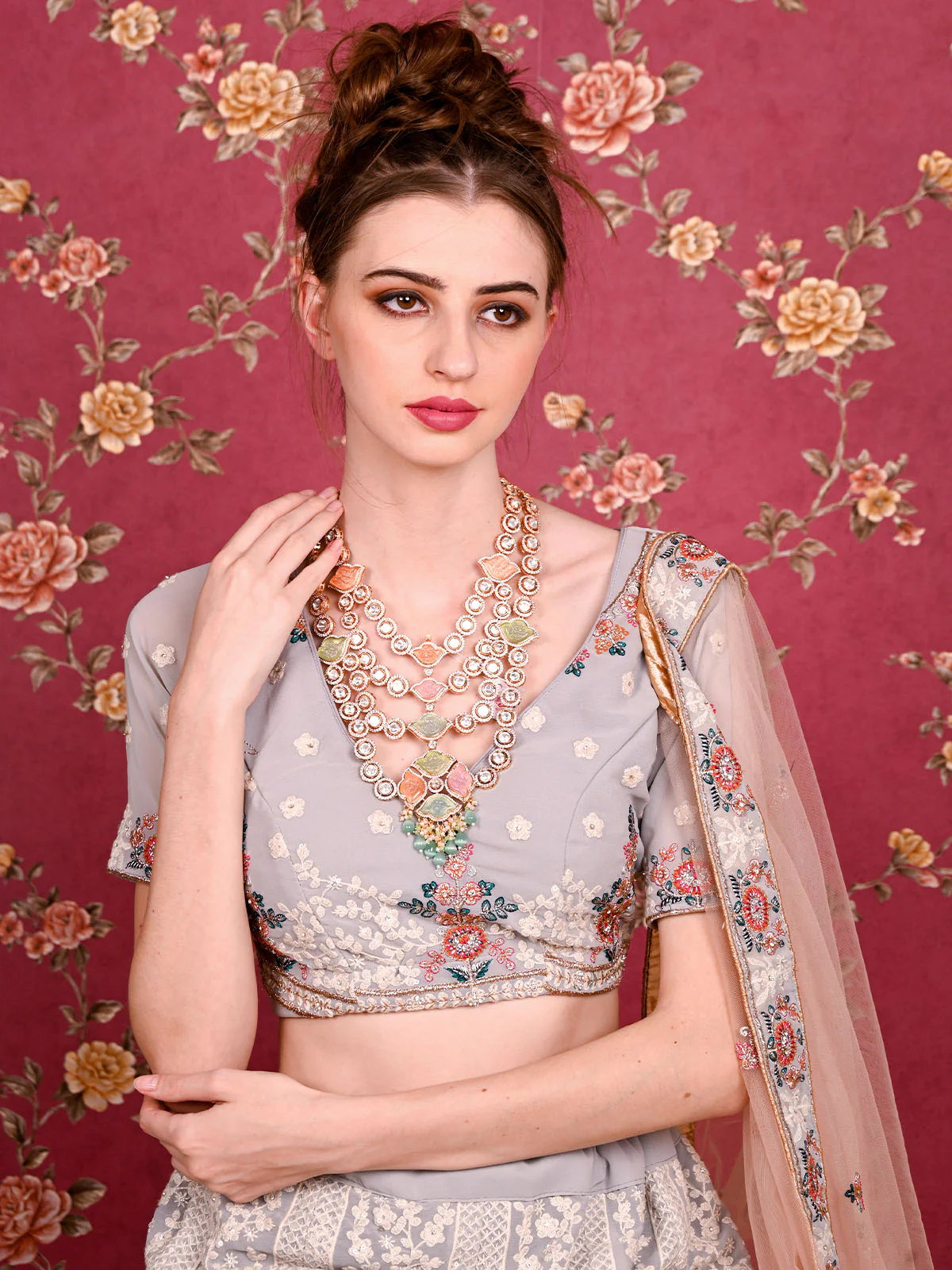 Odette Women Layered Bridal Long Rani Haar Necklace Set - Image 2