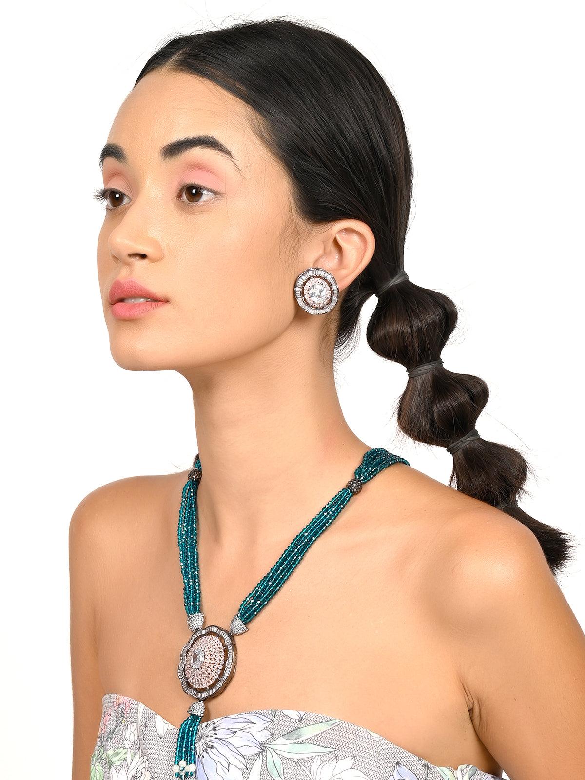 Odette Women Light Blue Beautiful Beaded Pendant Necklace Set - Image 2