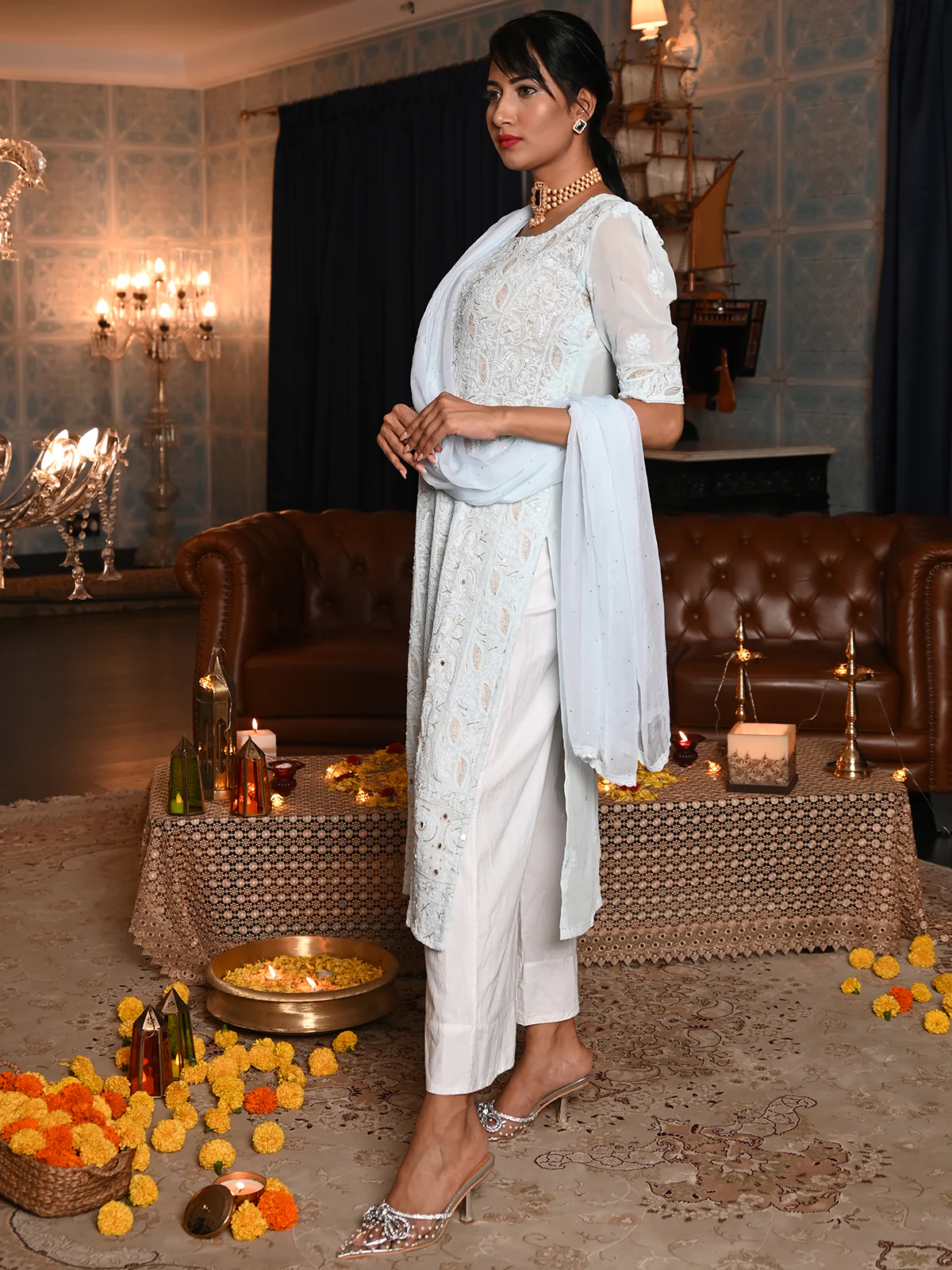 Odette Women Light Blue Georgette Chikankari Beads Embroidered Stitched Kurta With Dupatta - Image 2