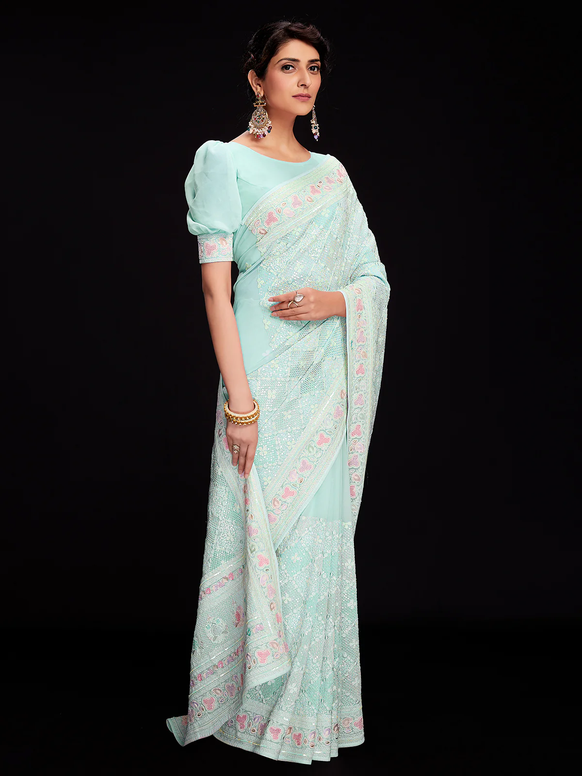 Odette Women Light Blue Georgette Embellished Saree With Unstitched Blouse - Image 2