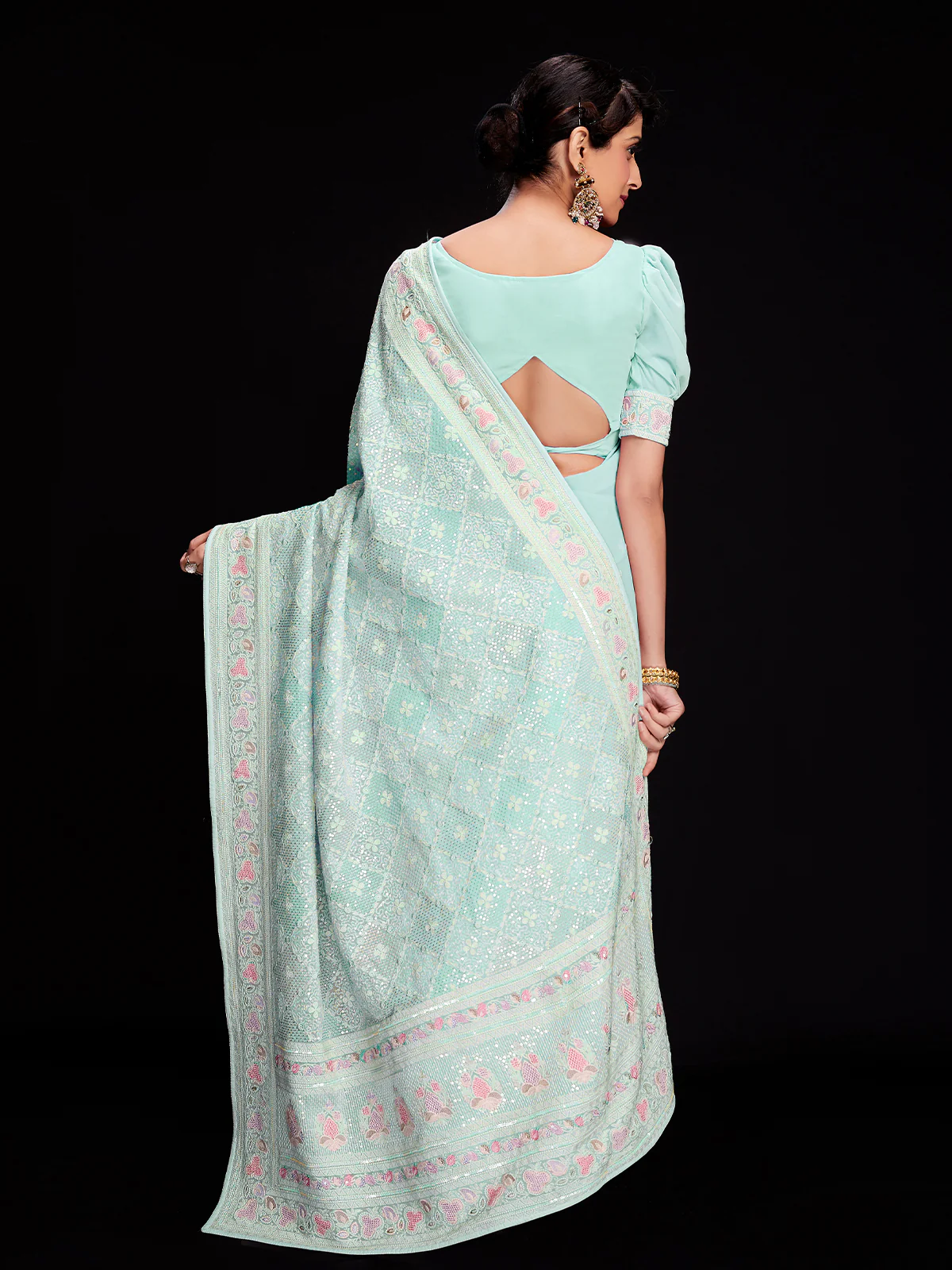 Odette Women Light Blue Georgette Embellished Saree With Unstitched Blouse - Image 3
