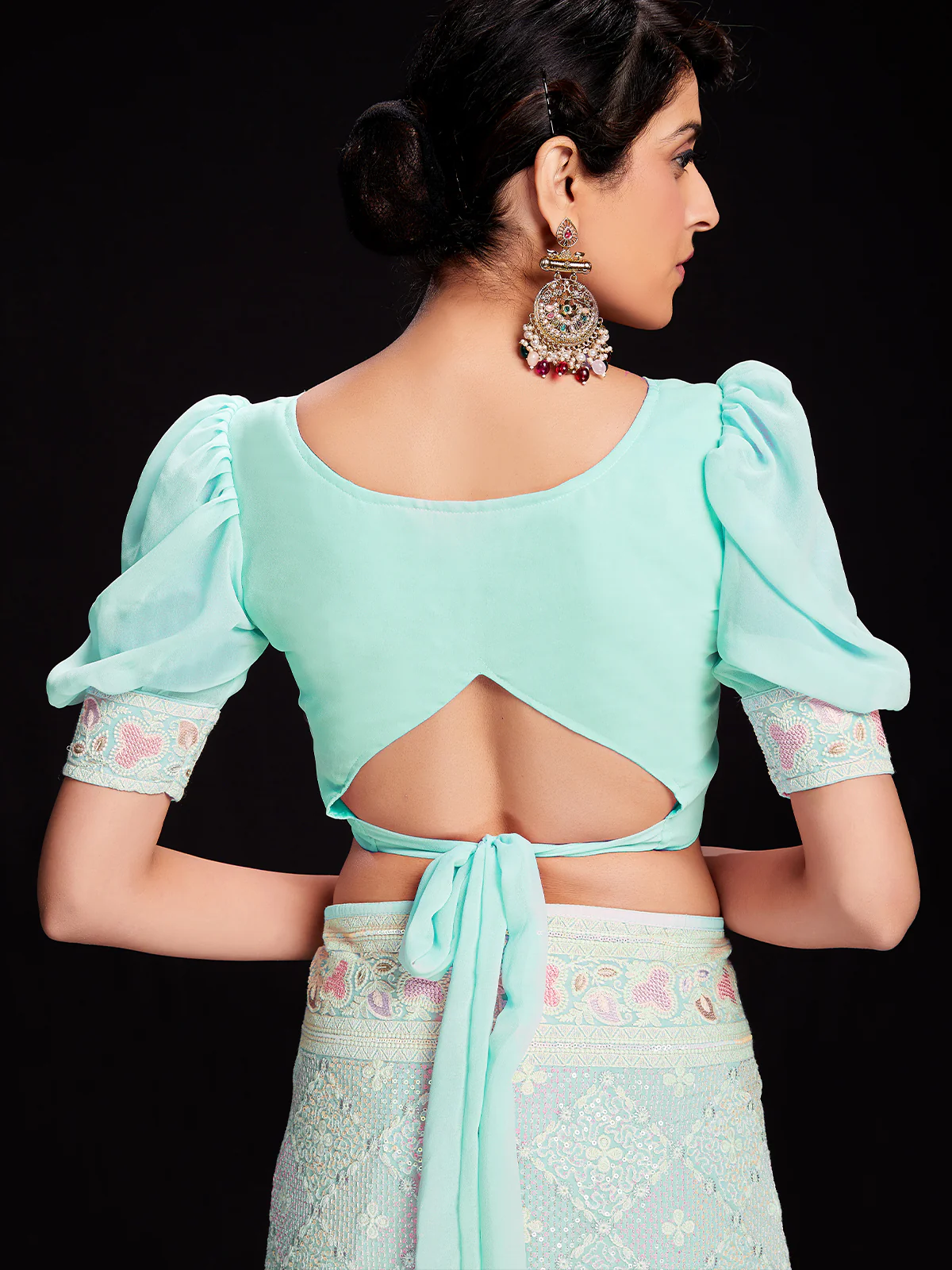 Odette Women Light Blue Georgette Embellished Saree With Unstitched Blouse - Image 5
