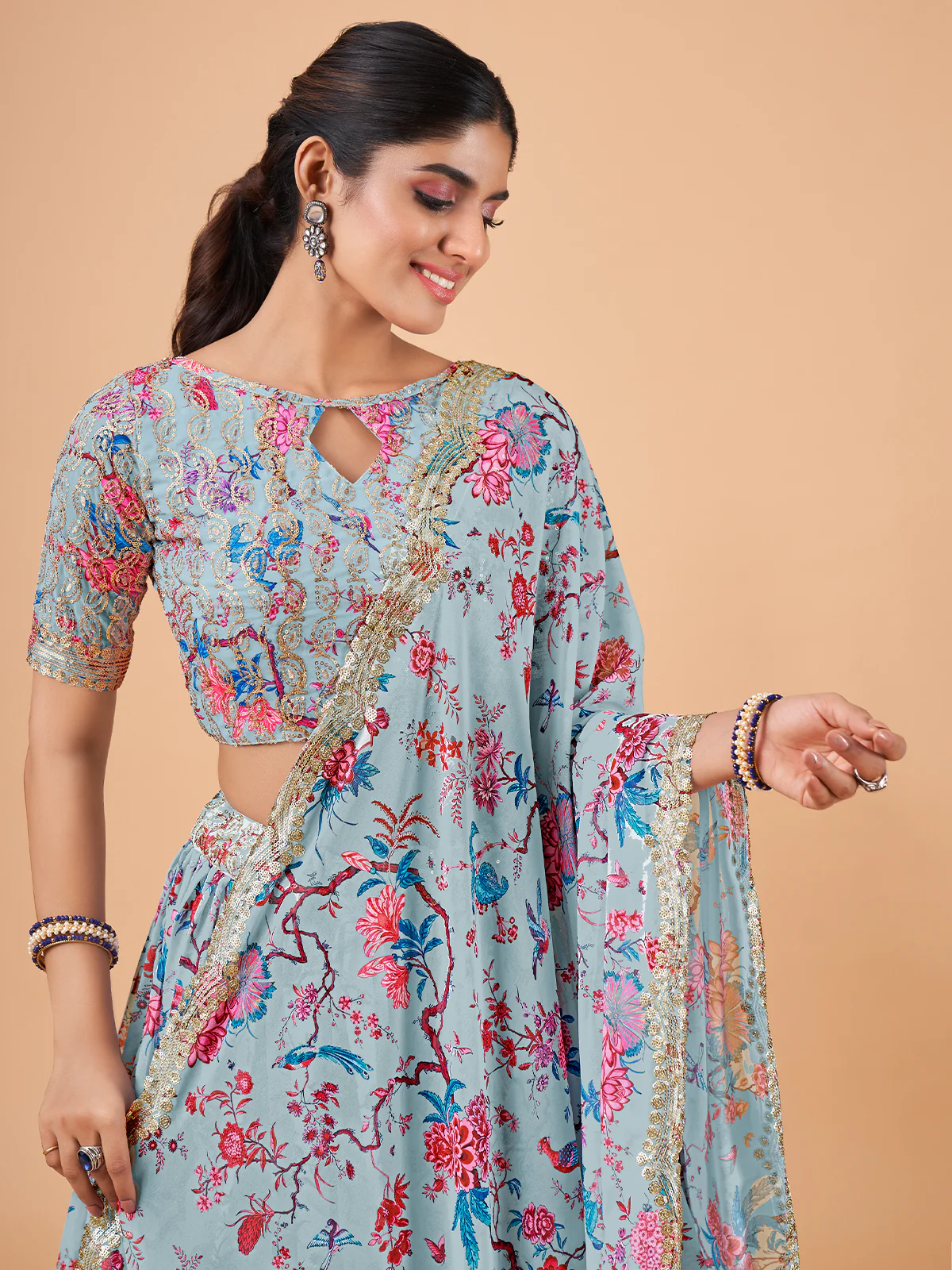Odette Women Light Blue Printed And Embroidered Semi Stitched Lehenga With Unstitched Blouse - Image 4