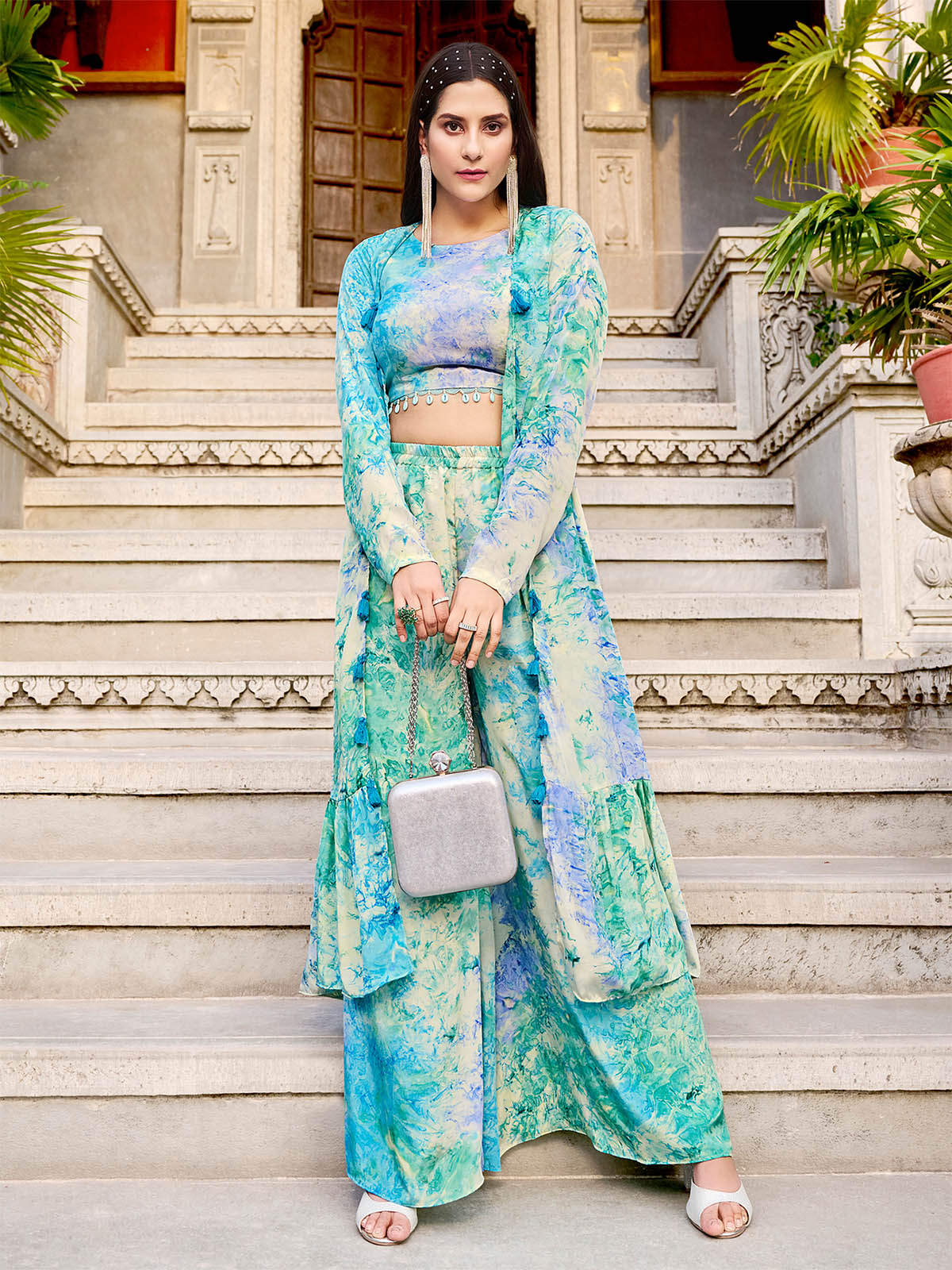 Odette Women Light Blue Silk Blend Printed Indo Western Set - Image 3