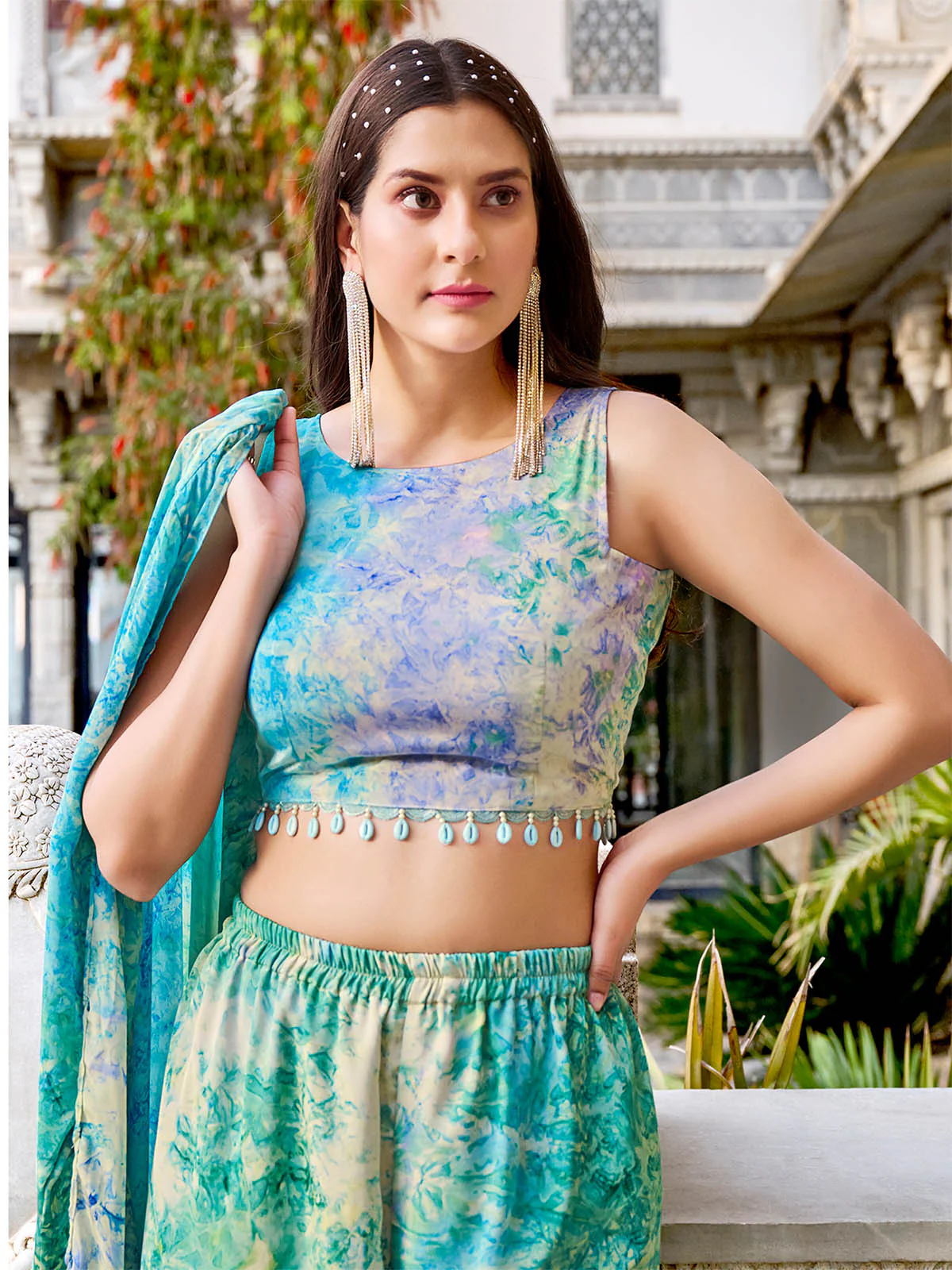 Odette Women Light Blue Silk Blend Printed Indo Western Set - Image 4