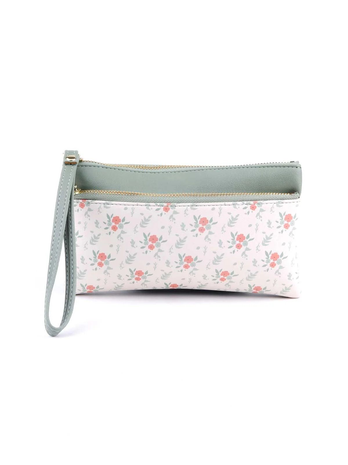 Odette Women Light Green And White Floral Pouch - Image 3
