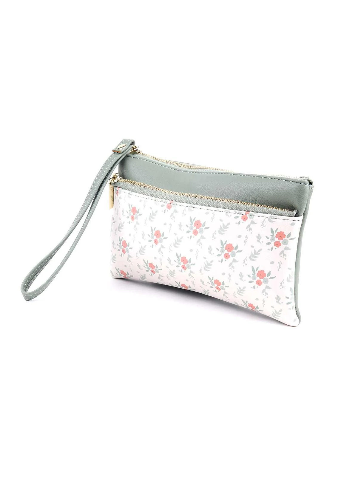 Odette Women Light Green And White Floral Pouch - Image 4