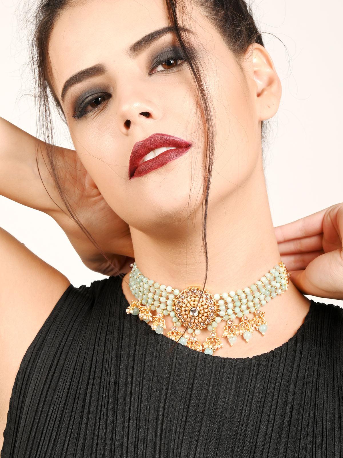 Odette Women Light Green Ethnic Choker Necklace Set - Image 2