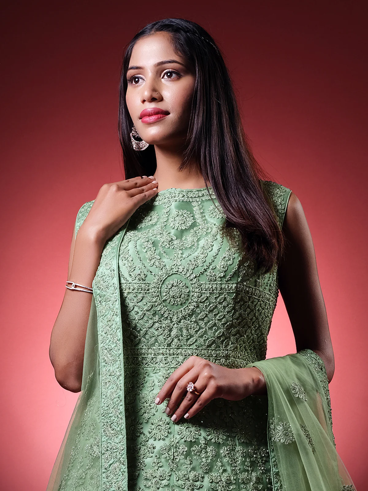 Odette Women Green Net Embroidered Stitched Gown - Image 2