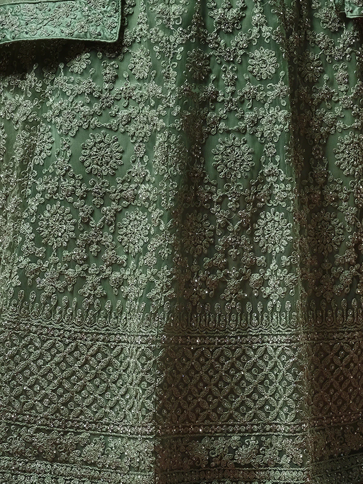 Odette Women Green Net Embroidered Stitched Gown - Image 3