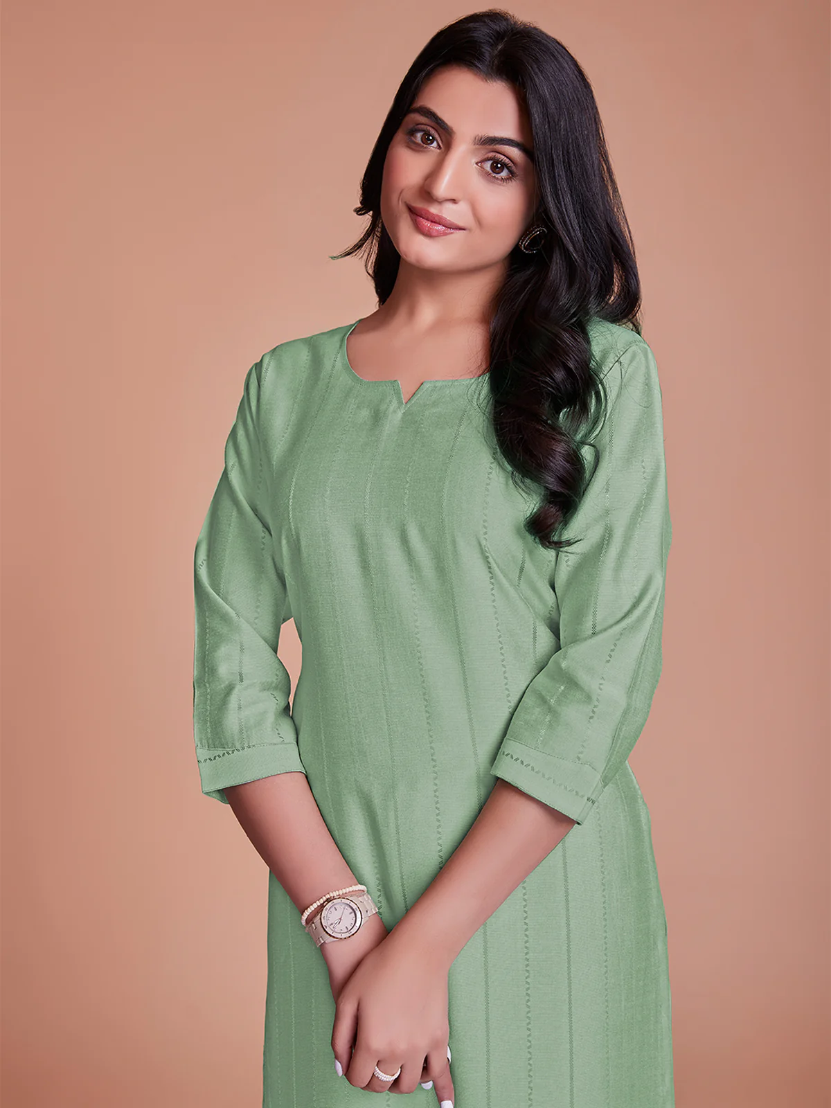 Odette Women Light Green Woven Stitched Kurta Set - Image 2