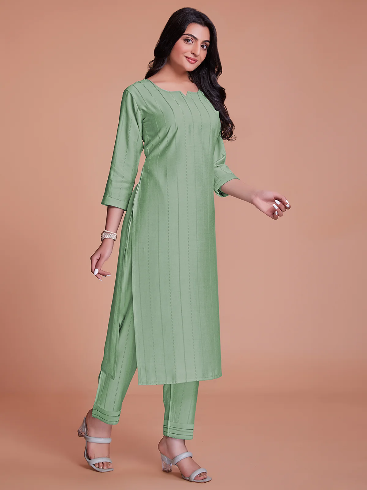 Odette Women Light Green Woven Stitched Kurta Set - Image 3