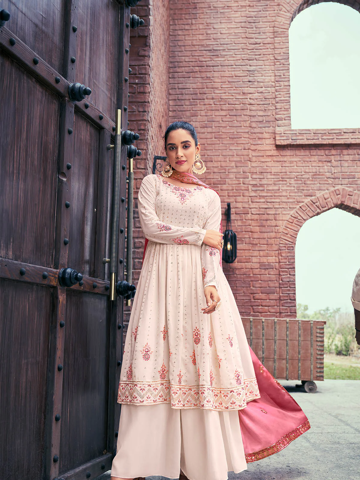 Odette Women Light Pink Georgette Stitched Palazzo Suit - Image 2