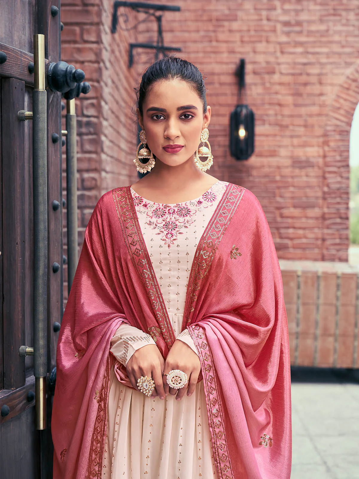 Odette Women Light Pink Georgette Stitched Palazzo Suit - Image 3