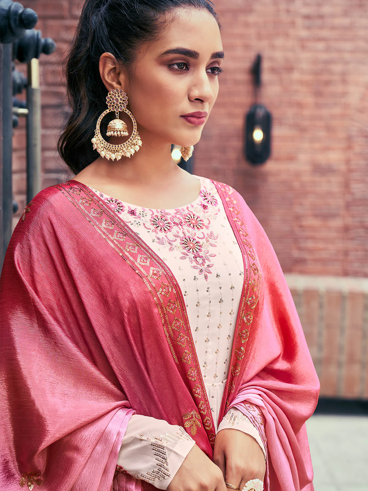Odette Women Light Pink Georgette Stitched Palazzo Suit - Image 4