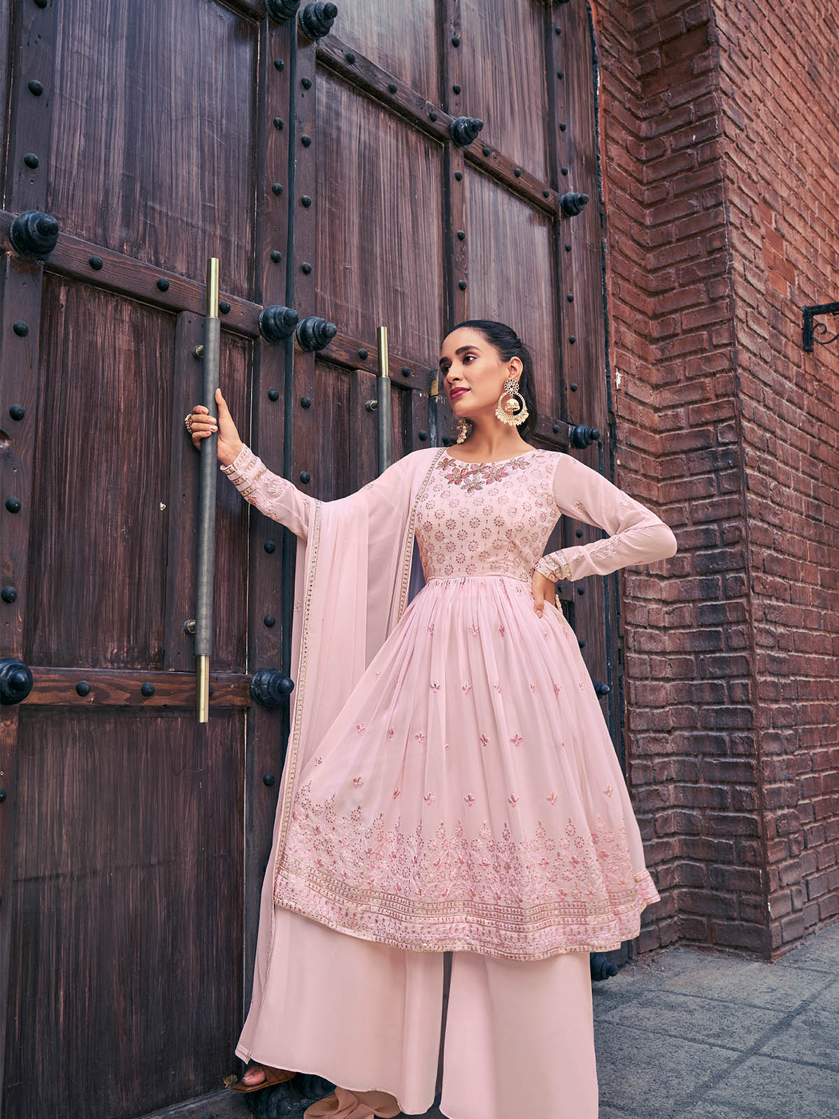 Odette Women Light Pink Georgette Semi Stitched Palazzo Suit - Image 2
