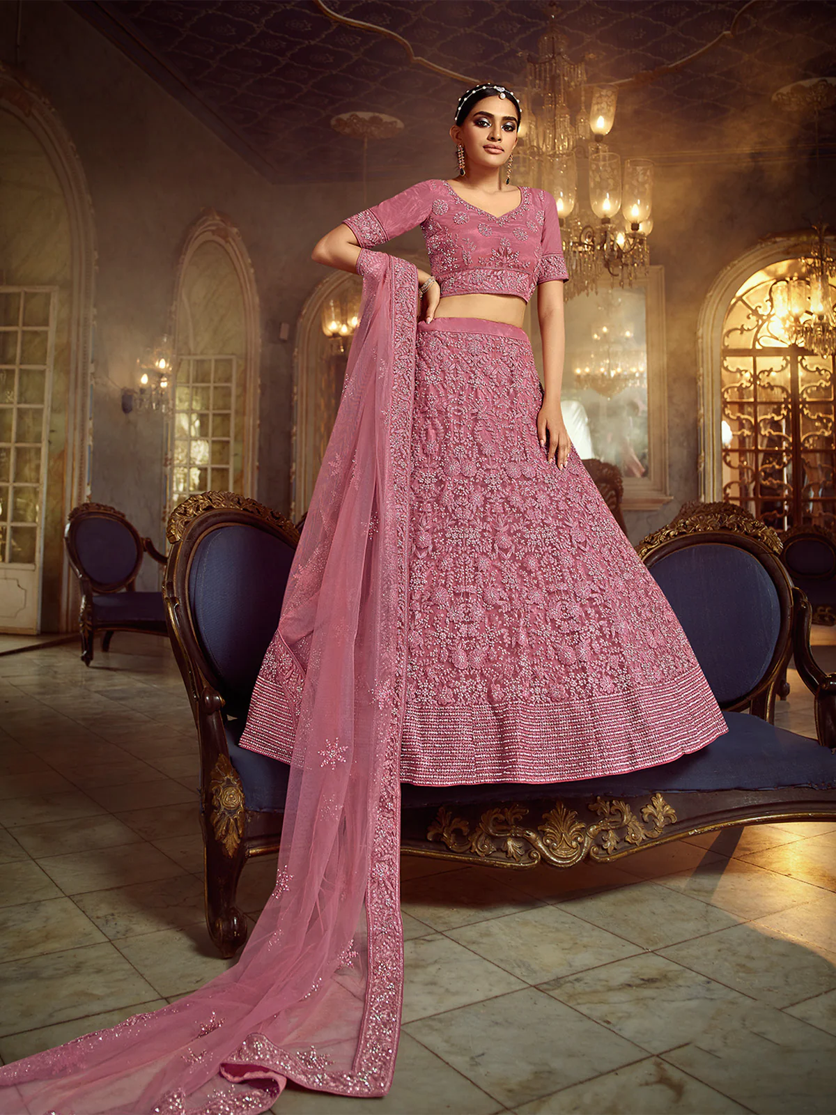 Odette Women Purple Soft Net Semi Stitched Lehenga With Unstitched Blouse - Image 2