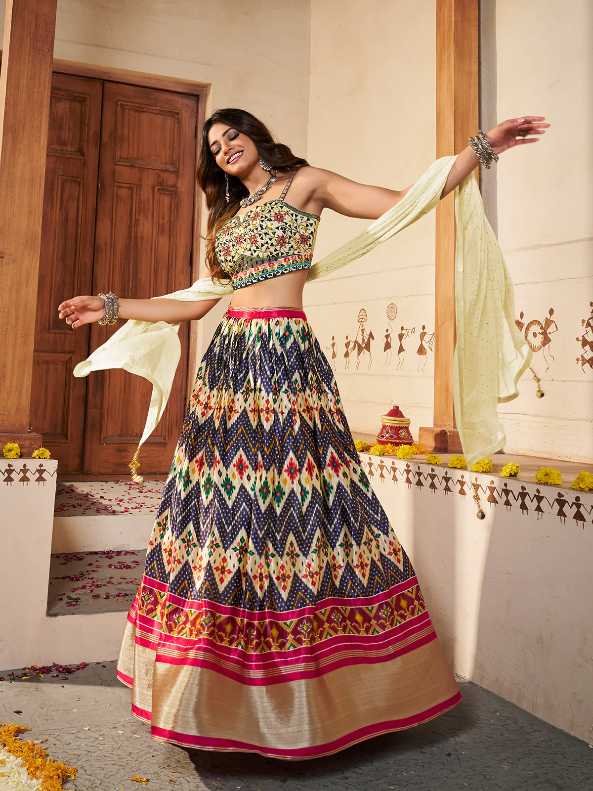 Odette Women Light Yellow Silk Printed Semi Stitched Lehenga With Unstitched Blouse - Image 2