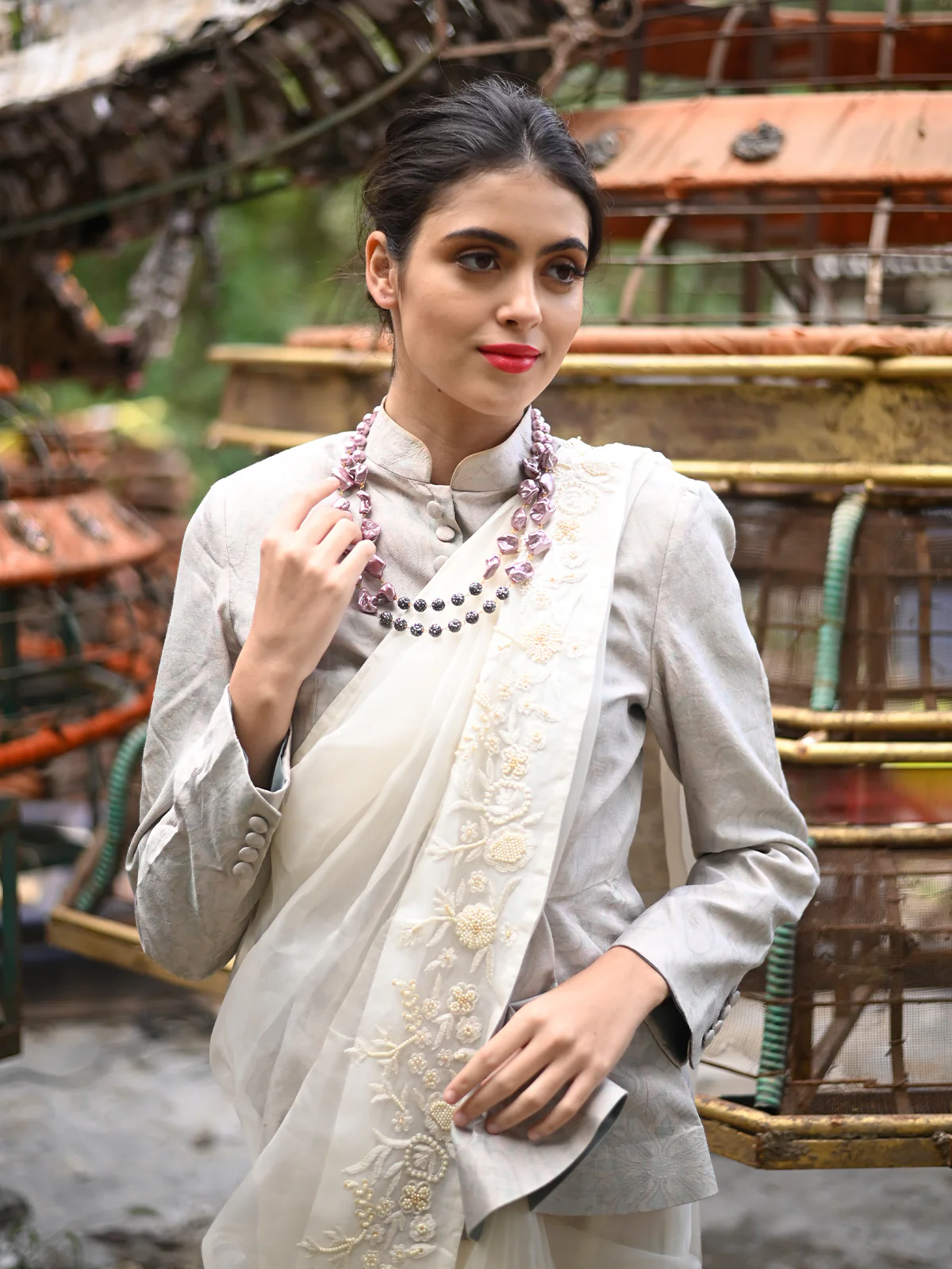 Odette Women Lilac And Grey Beaded Long Necklace - Image 2