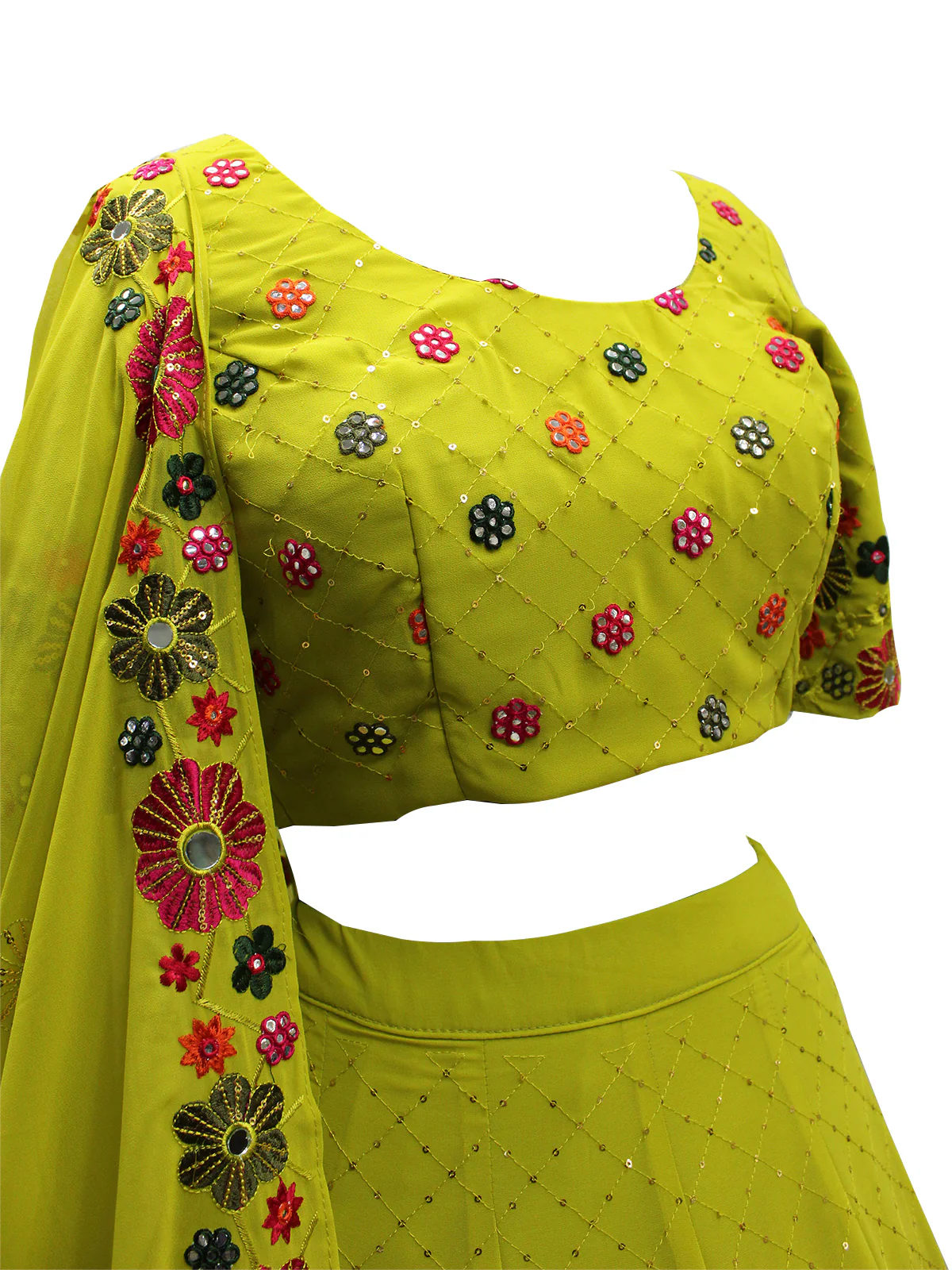 Odette Women Lime Green Georgette Embroidered Semi Stitched Lehenga With  Unstitched Blouse - Image 2
