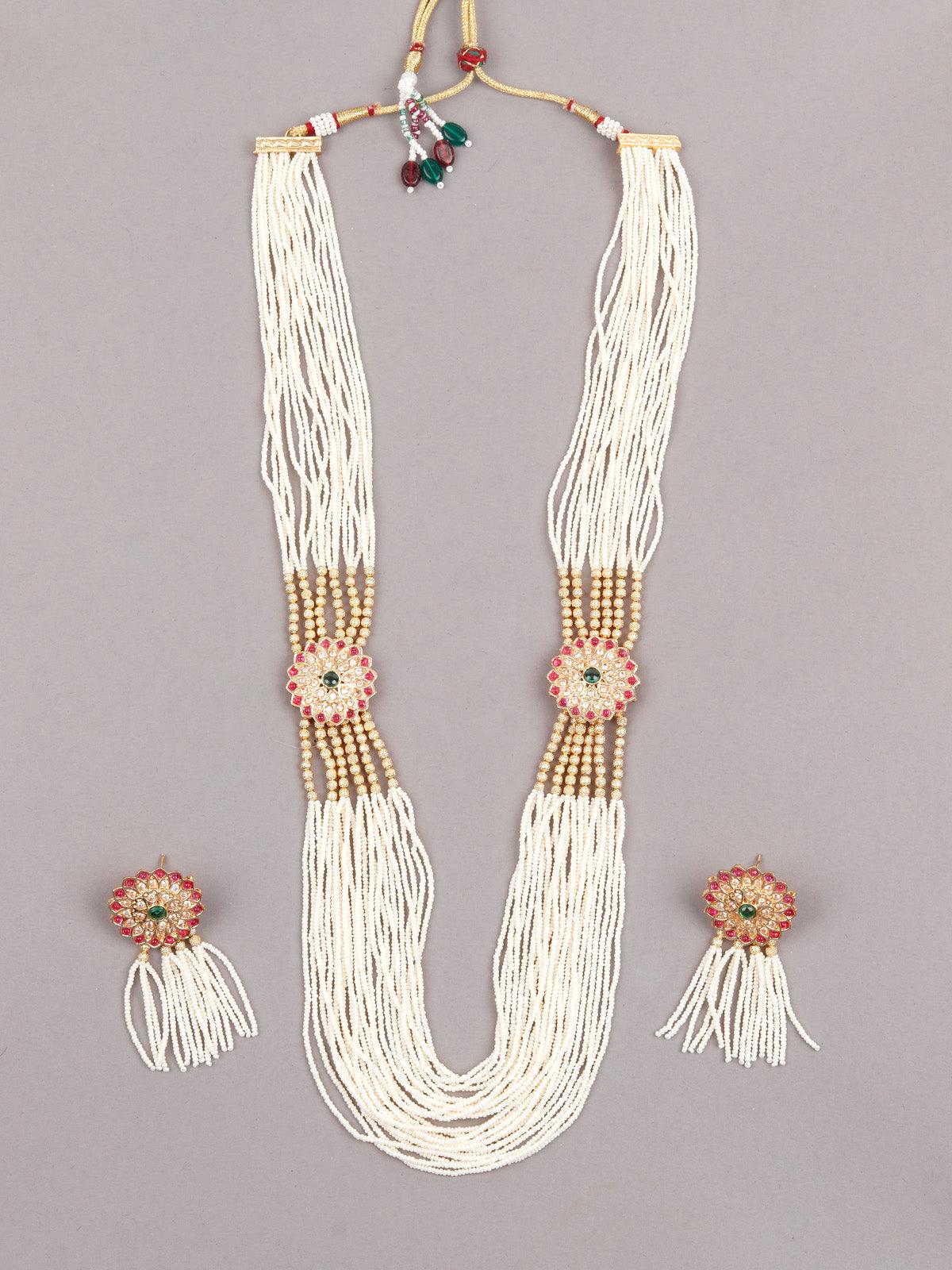 Odette Long White Pearl Necklace Set With Floral Details For Women - Image 3