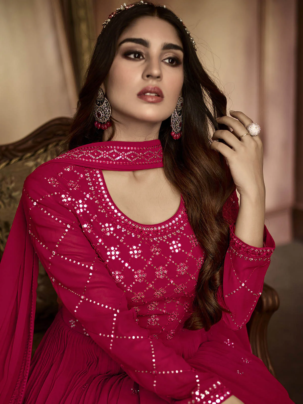 Odette Women Magenta Embroidered Georgette Semi Stitched Anarkali Suit - Image 2