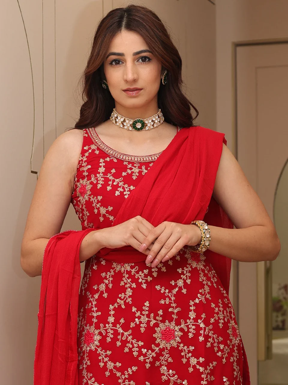 Odette Women Red Faux Georgette Embroidered Semi Stitched Palazzo Suit - Image 3