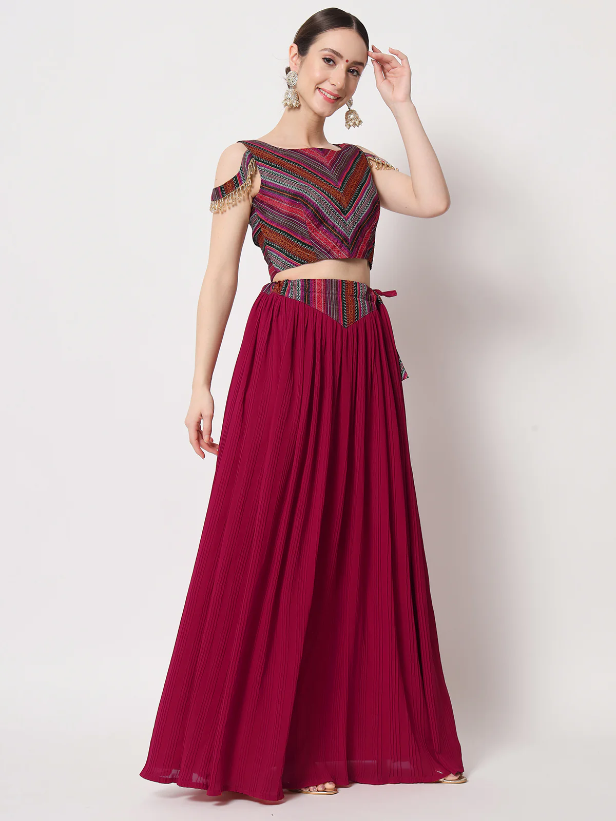 Odette Women Magenta Georgette Semi Stitched Lehenga With Unstitched Blouse - Image 3