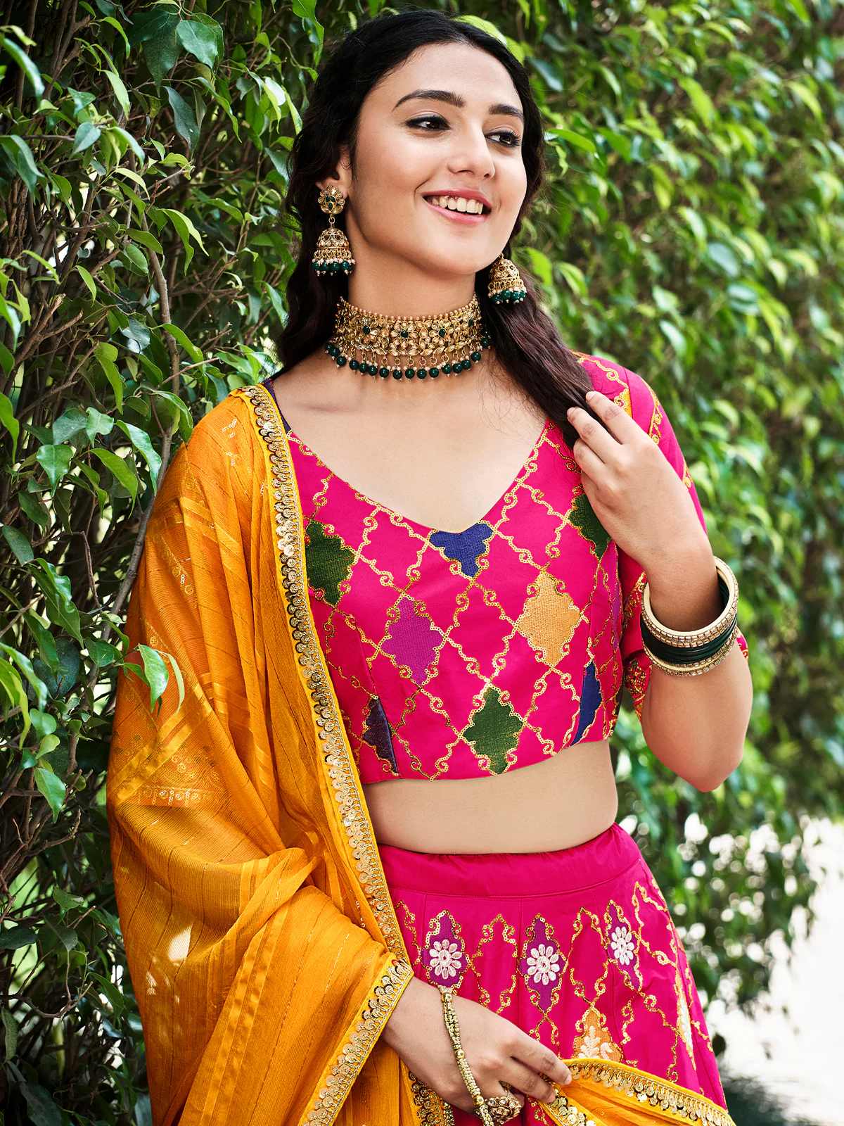 Odette Women Magenta Silk Embroidered Semi Stitched Lehenga With  Unstitched Blouse - Image 3