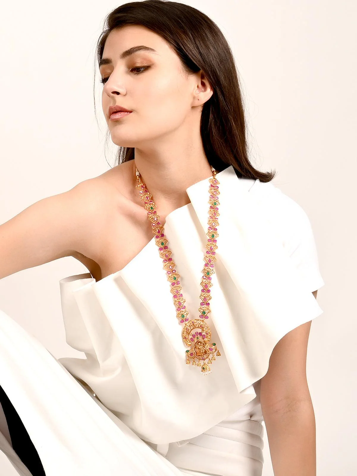Odette Women Maroon Beaded Gold Plated Temple Jewellery Set - Image 2