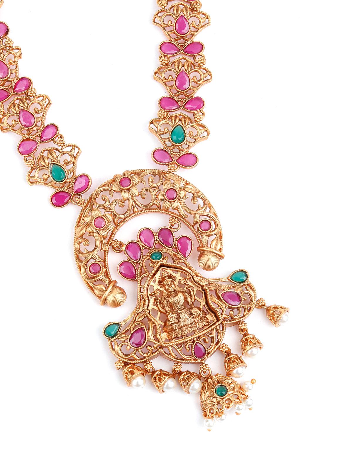 Odette Women Maroon Beaded Gold Plated Temple Jewellery Set - Image 5