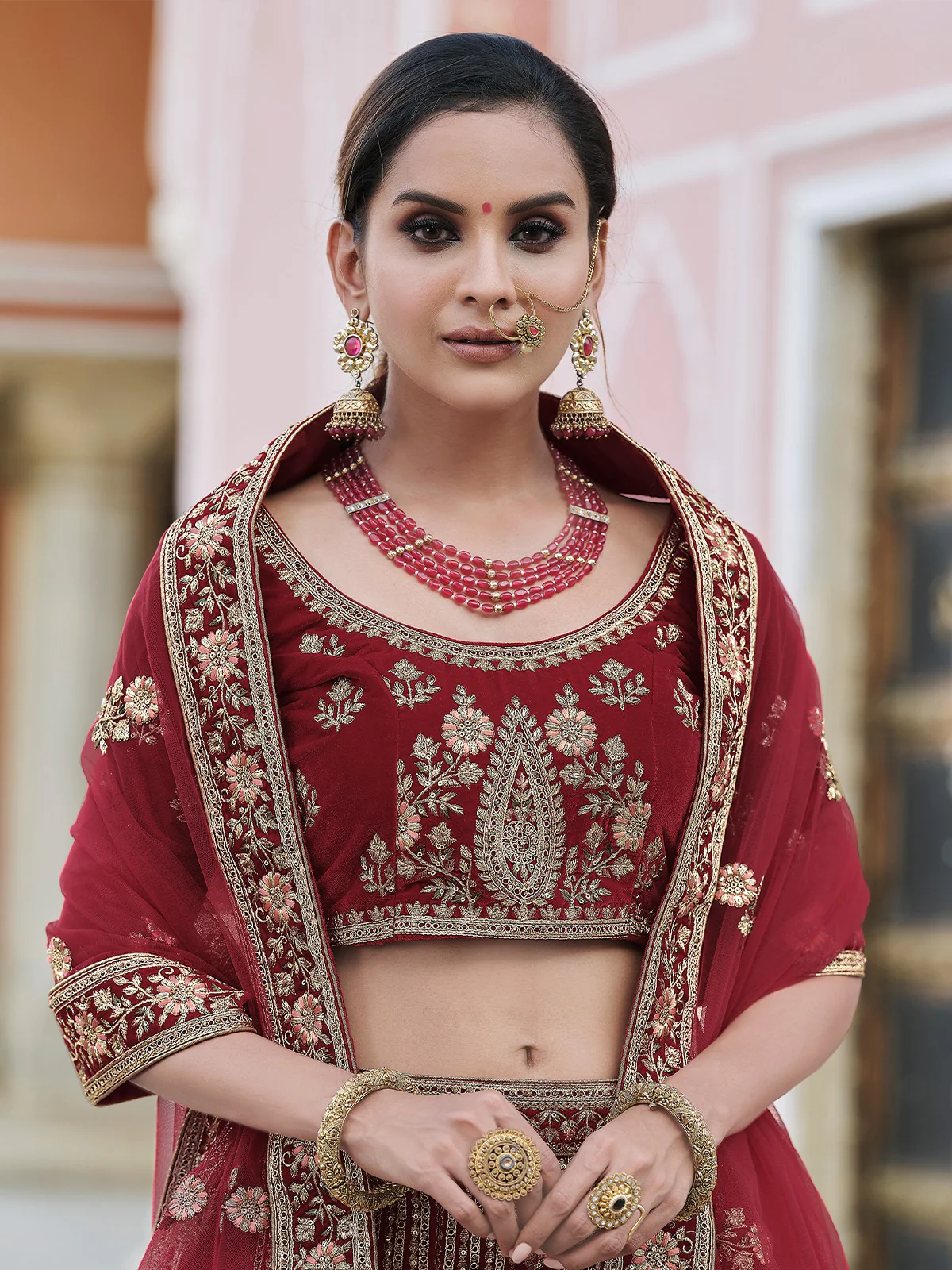 Odette Women Maroon Classy Semi Stitched Lehenga With Unstitched Blouse - Image 2