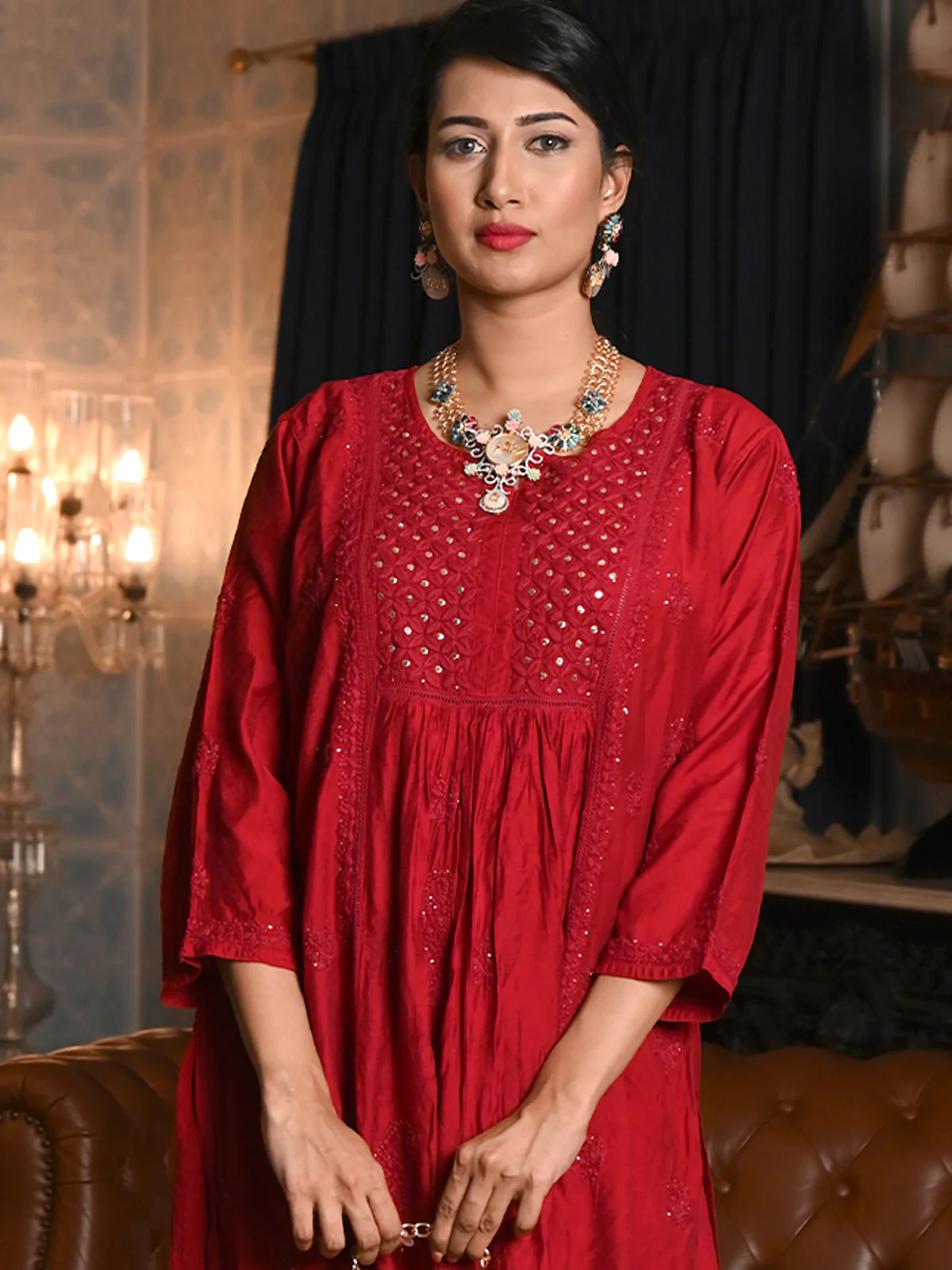 Odette Women Maroon Cotton Chikankari Mukaish Work Embroidered Stitched Kurta And Palazzo - Image 4
