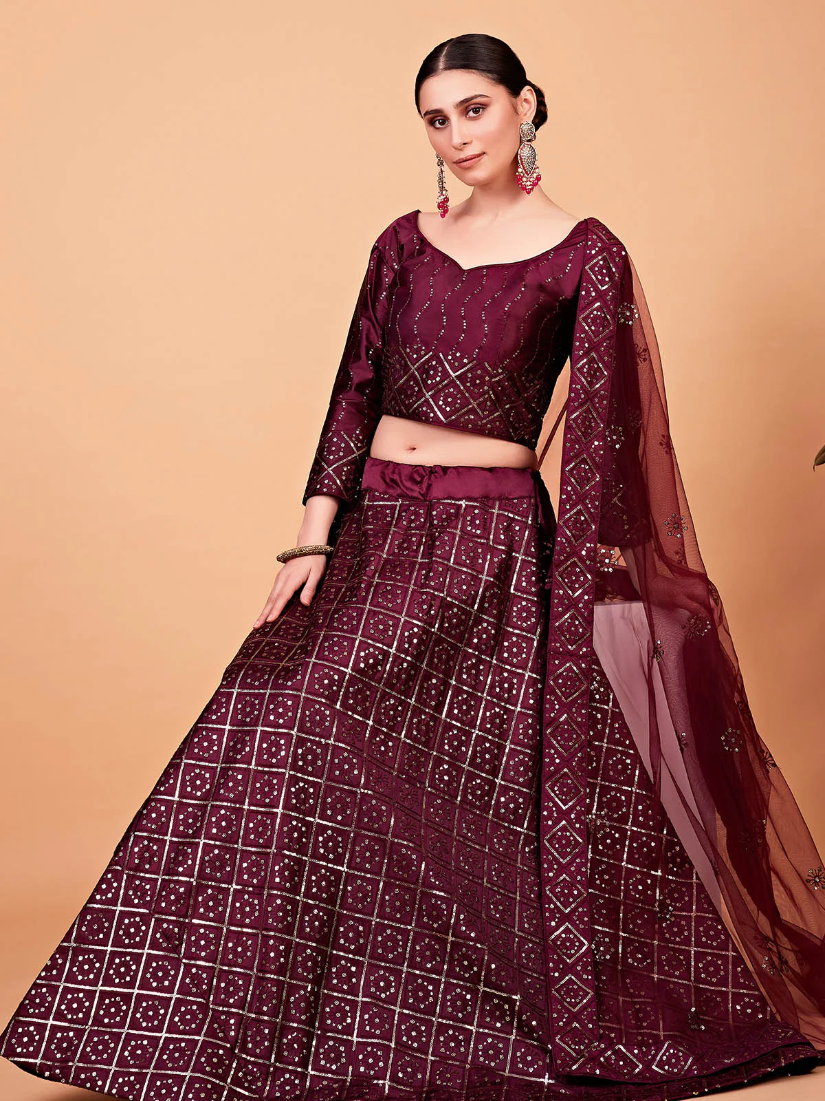 Odette Women Maroon Designer Semi Stitched Lehenga With Unstitched Blouse - Image 2