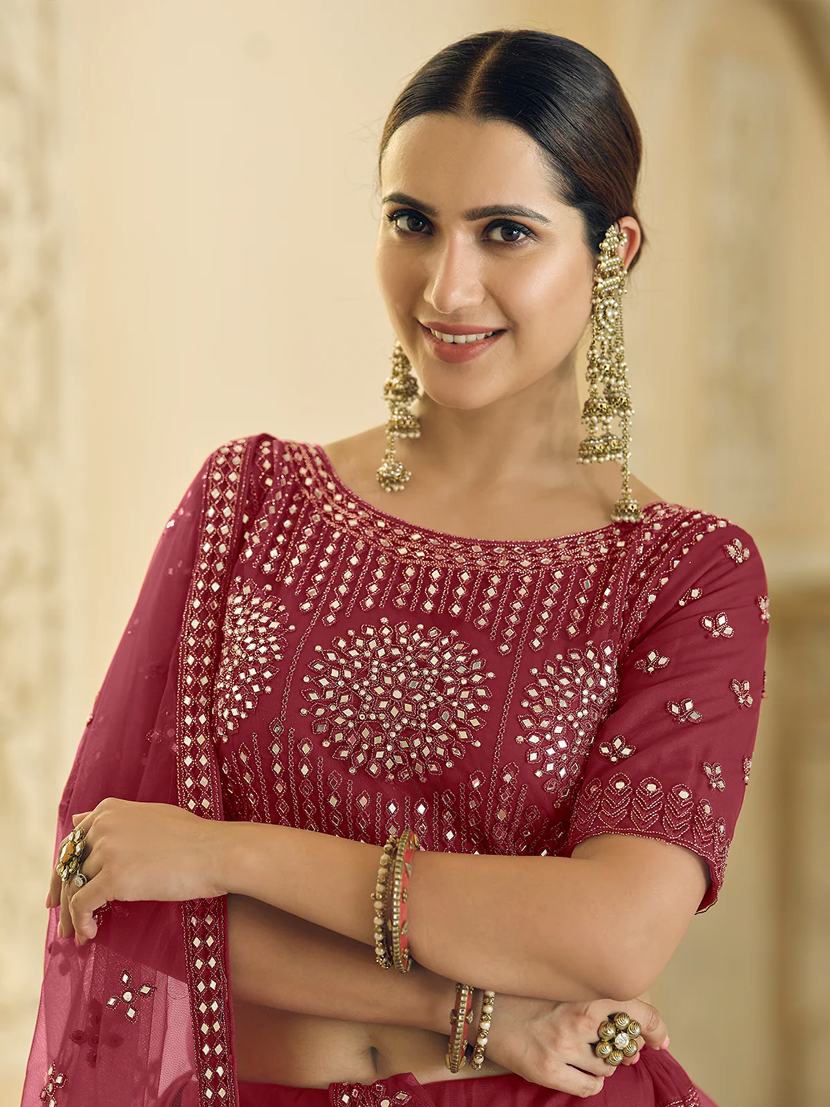 Odette Women Maroon Soft Net Semi Stitched Lehenga With Unstitched Blouse - Image 3