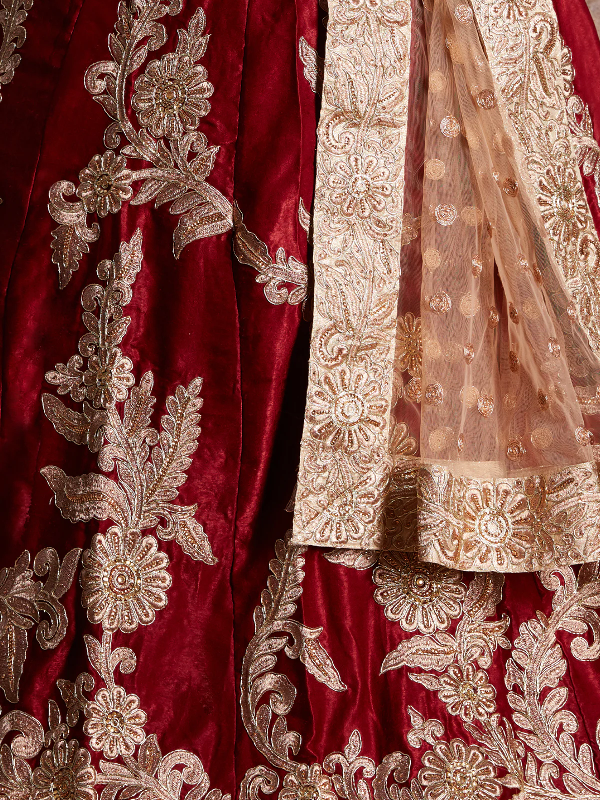 Odette Women Maroon Embroidered Semi Stitched Lehenga With Unstitched Blouse - Image 4