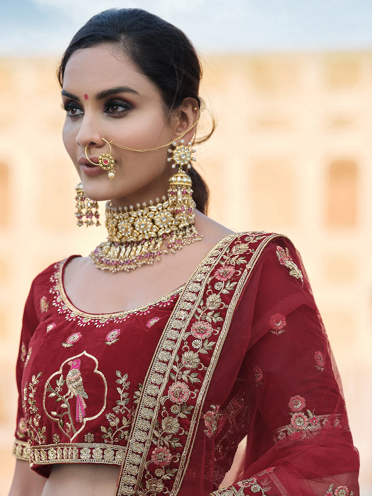 Odette Women Maroon Elegant Semi Stitched Lehenga With Unstitched Blouse - Image 2
