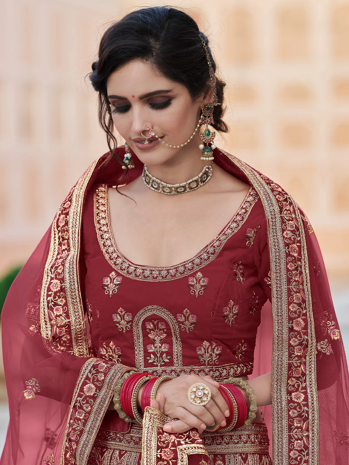 Odette Women Maroon Elegant Semi Stitched Lehenga With Unstitched Blouse - Image 2