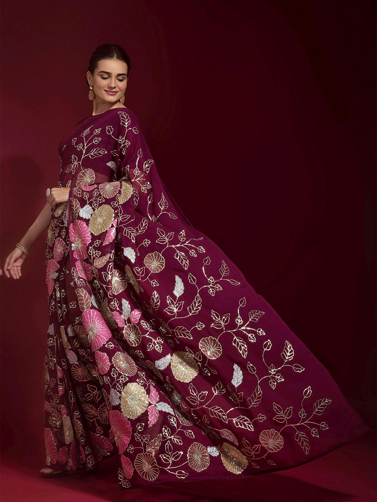 Odette Women Maroon Embroidered Georgette Saree With Unstitched Blouse - Image 3