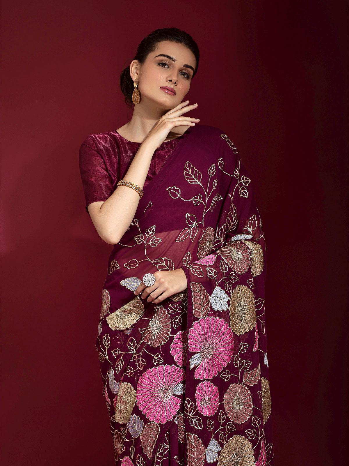Odette Women Maroon Embroidered Georgette Saree With Unstitched Blouse - Image 4