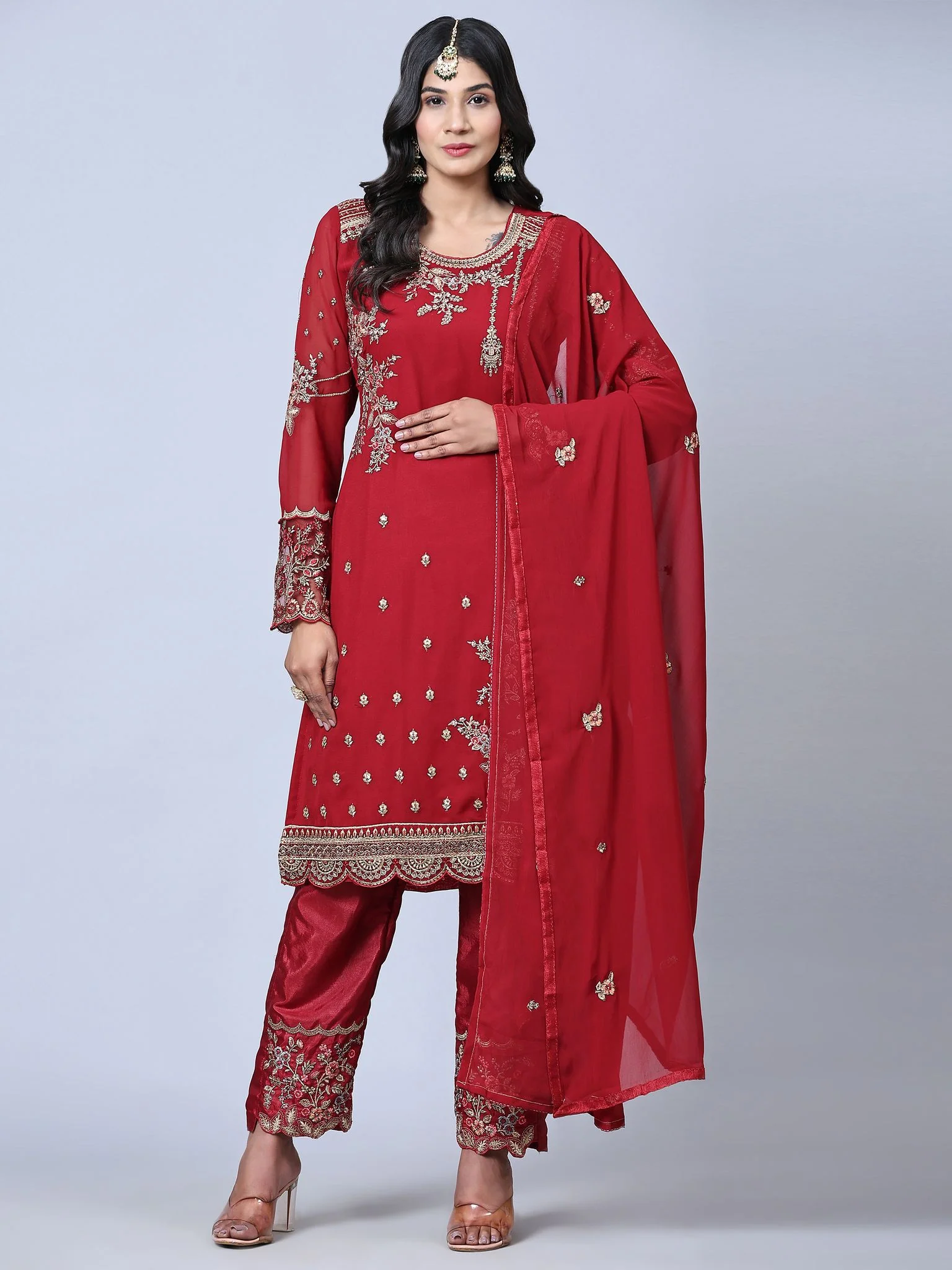 Odette Women Maroon Embroidered Georgette Semi Stitched Straight Partywear Suit - Image 2