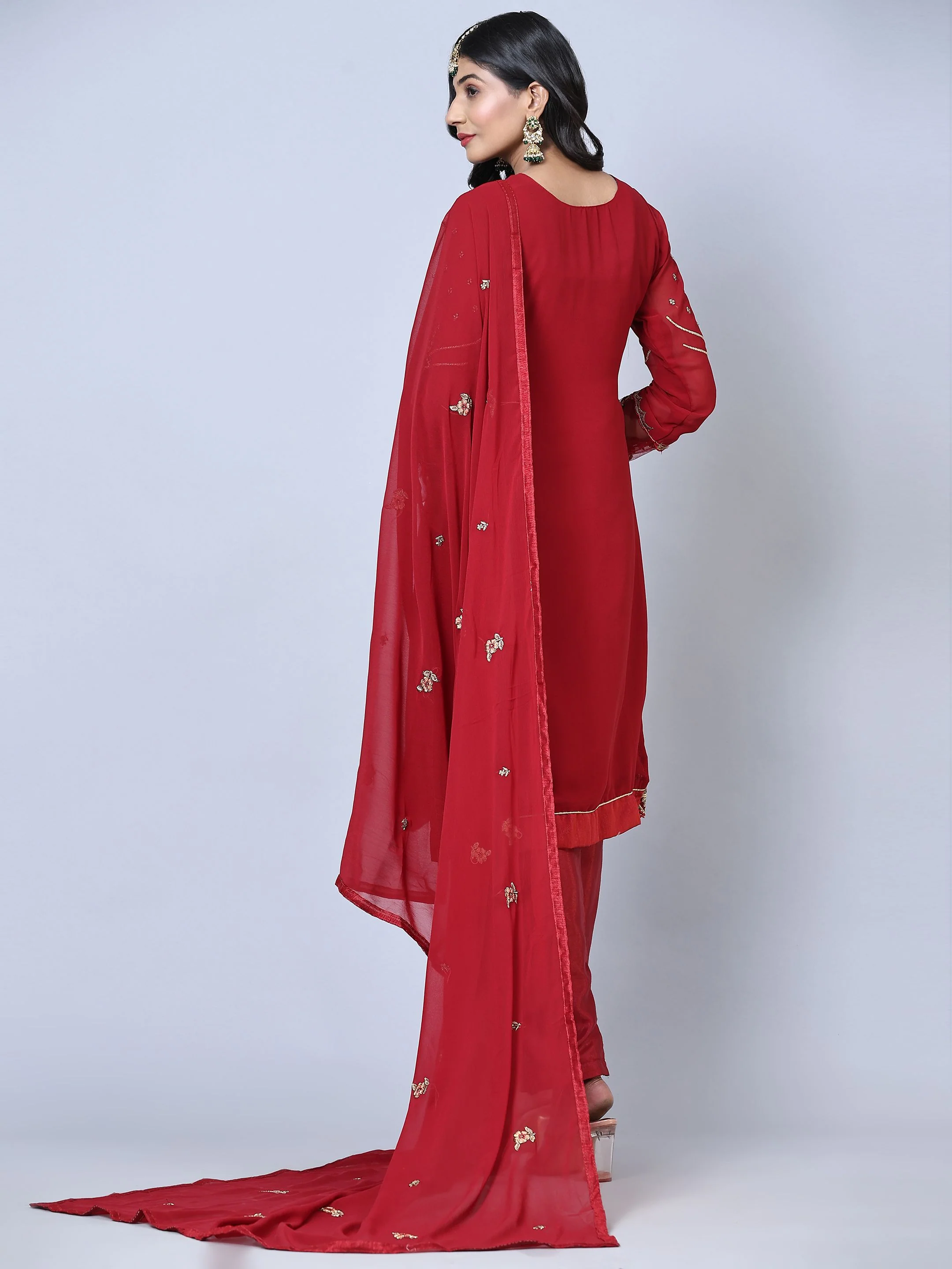 Odette Women Maroon Embroidered Georgette Semi Stitched Straight Partywear Suit - Image 7