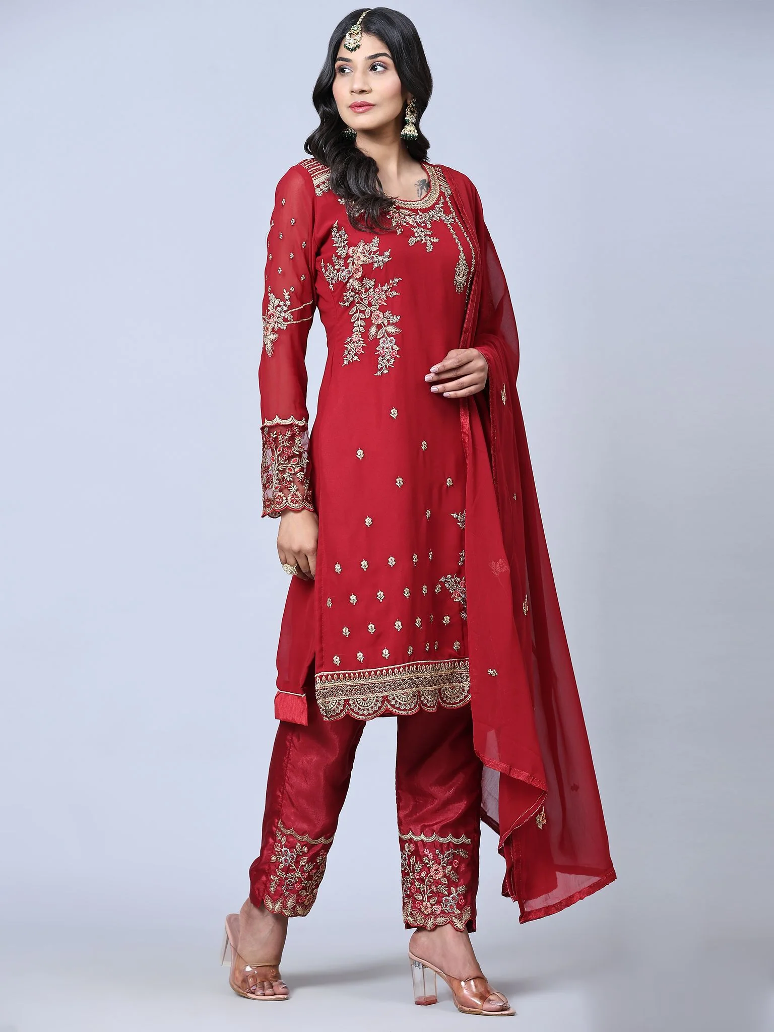 Odette Women Maroon Embroidered Georgette Semi Stitched Straight Partywear Suit - Image 8