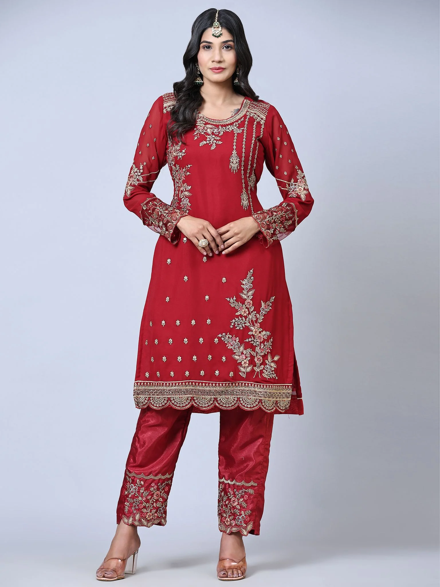 Odette Women Maroon Embroidered Georgette Semi Stitched Straight Partywear Suit - Image 9